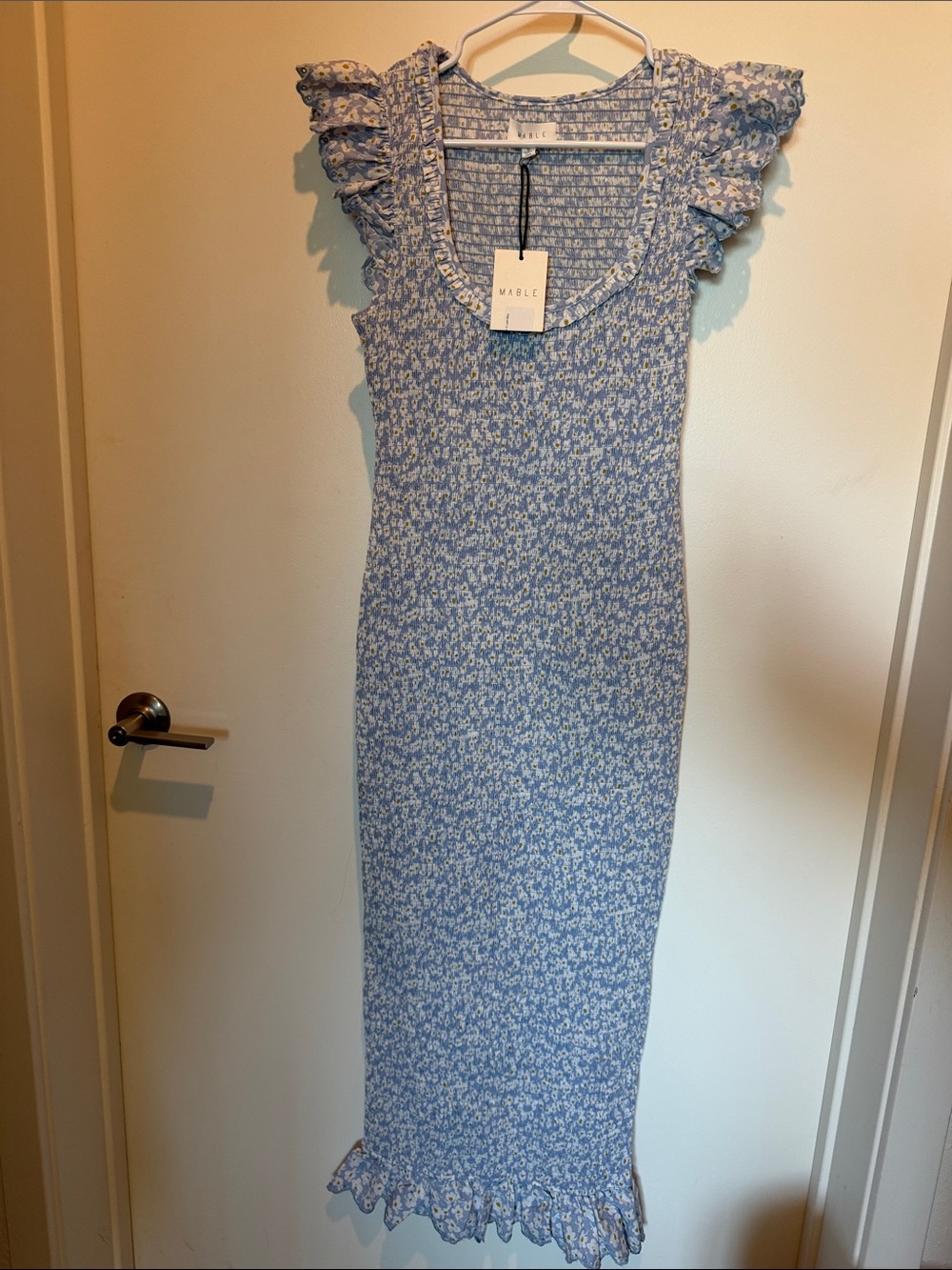 Mable Blue Floral Ruffle-Sleeve Maxi Dress